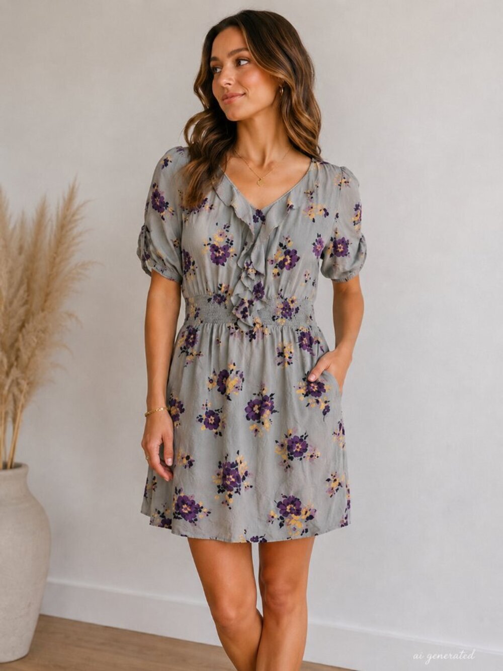 Rebecca Taylor 100% Silk Floral V-Neck Dress Blue Gray Purple Size 10